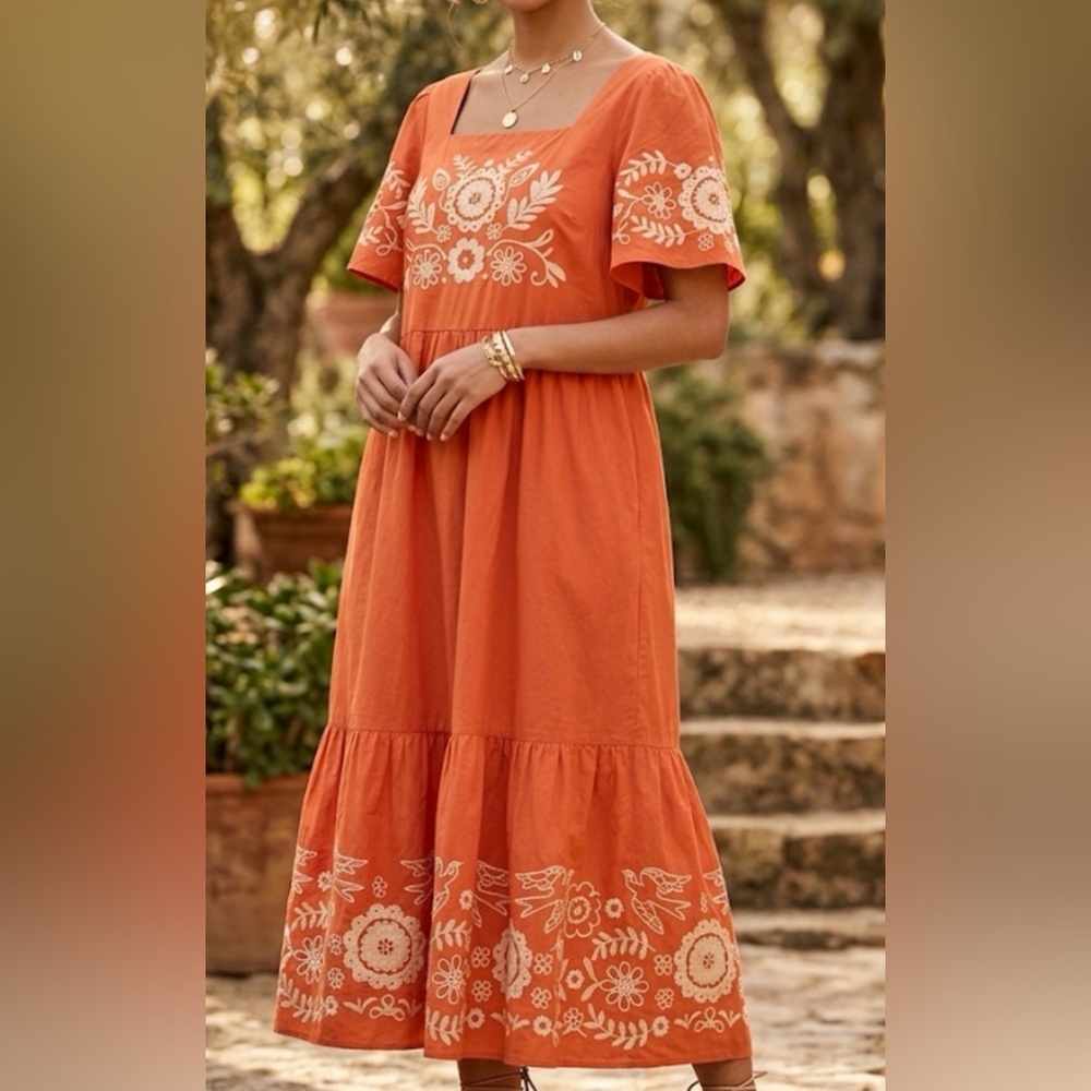 Joanie Orange Cotton Embroidered Midi Folkloric Dress Square Neck Smocked Back